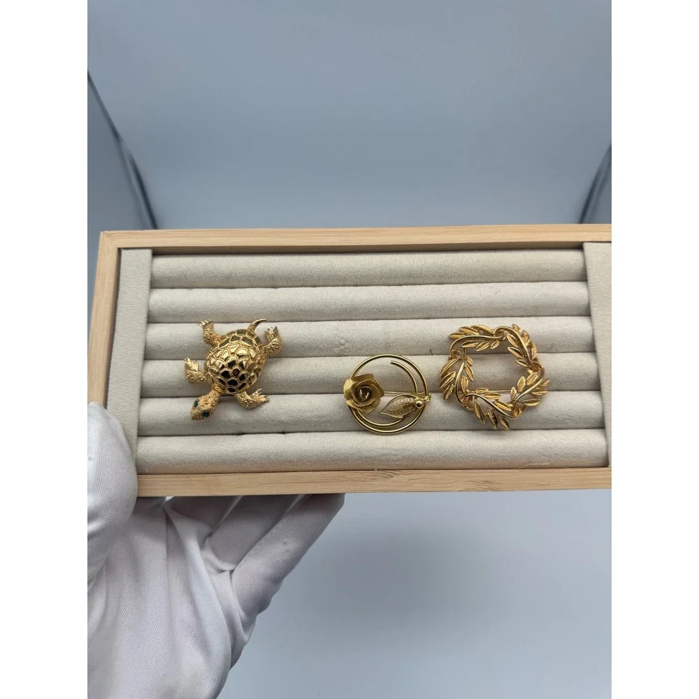 Vintage Signed Brooch Lot of 3 Monet Napier Sarah Coventry Gold Tone Turtle Rose